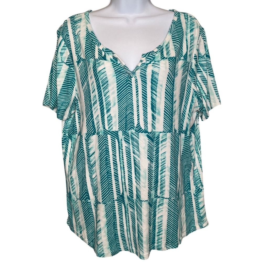 Chicos Green White Striped Tunic Top Sz 3/XL Modern Art Print Flowy Cotton Soft